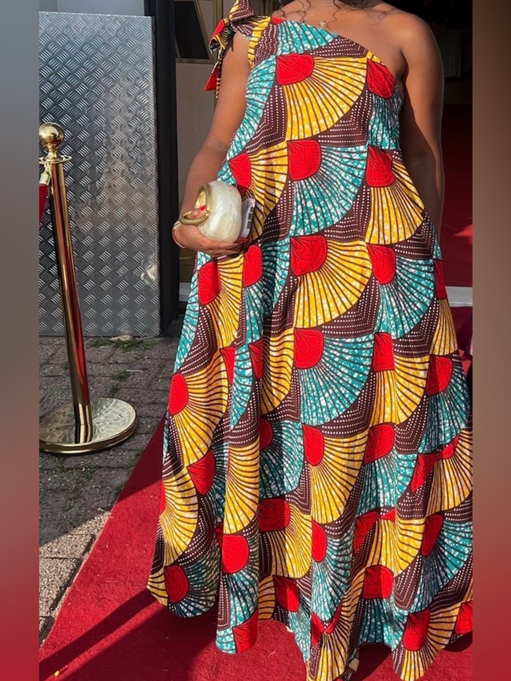 One-Shoulder African Print Maxi Dress | multi color. With pockets and flowy fit